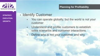 ©The 2112 Strategy Group, LLC – Distribution Prohibited Without Express Permission.
STRATEGY.
EXECUTION.
GROWTH.
Planning for Profitability
• Identify Customer
 You can operate globally, but the world is not your
customer
 Understand and profile customers to establish
sales scenarios and customer interactions
 Define who is not your customer and why
 
