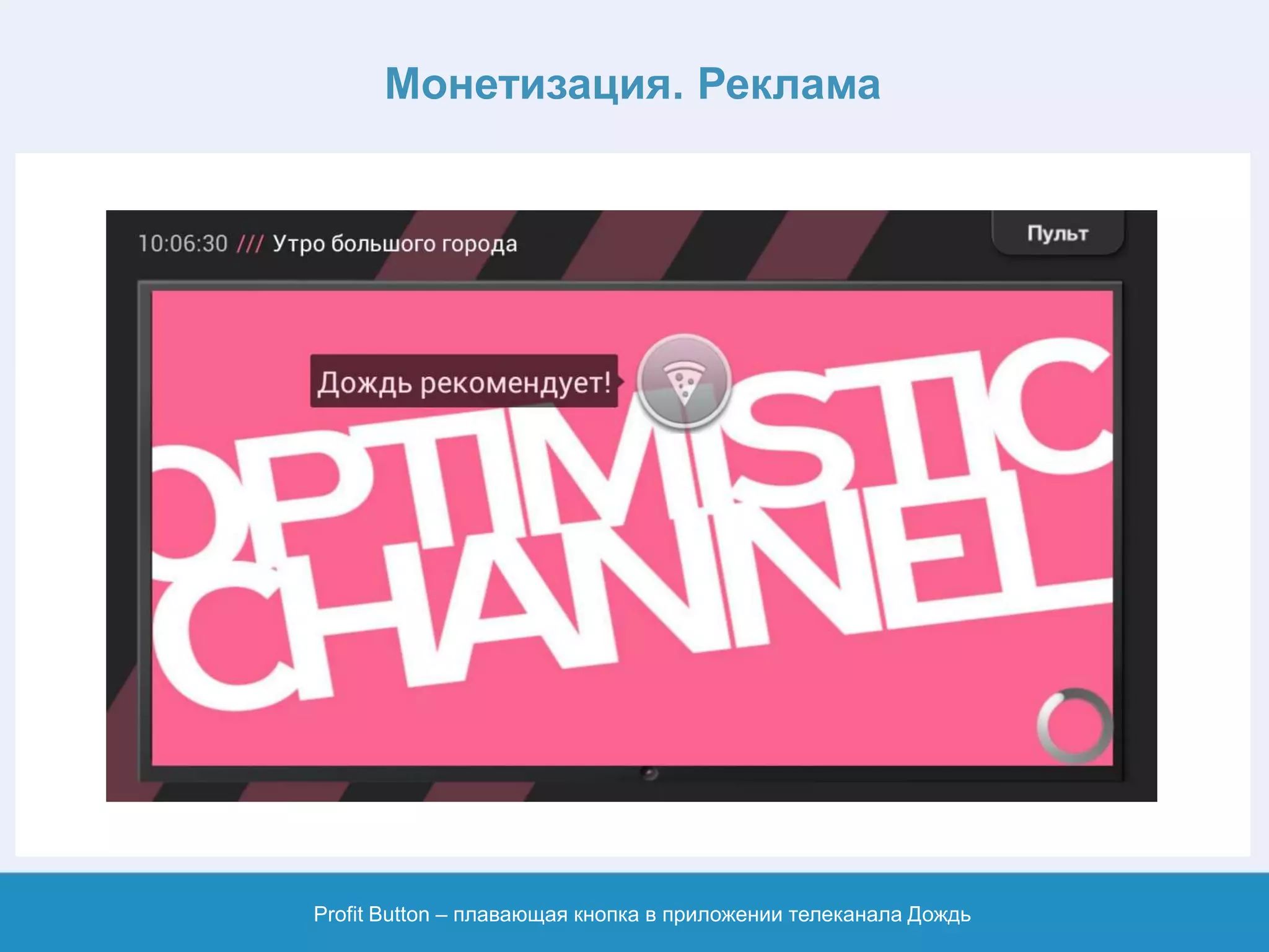 Монетизация. Реклама
Profit Button – плавающая кнопка в приложении телеканала Дождь
 