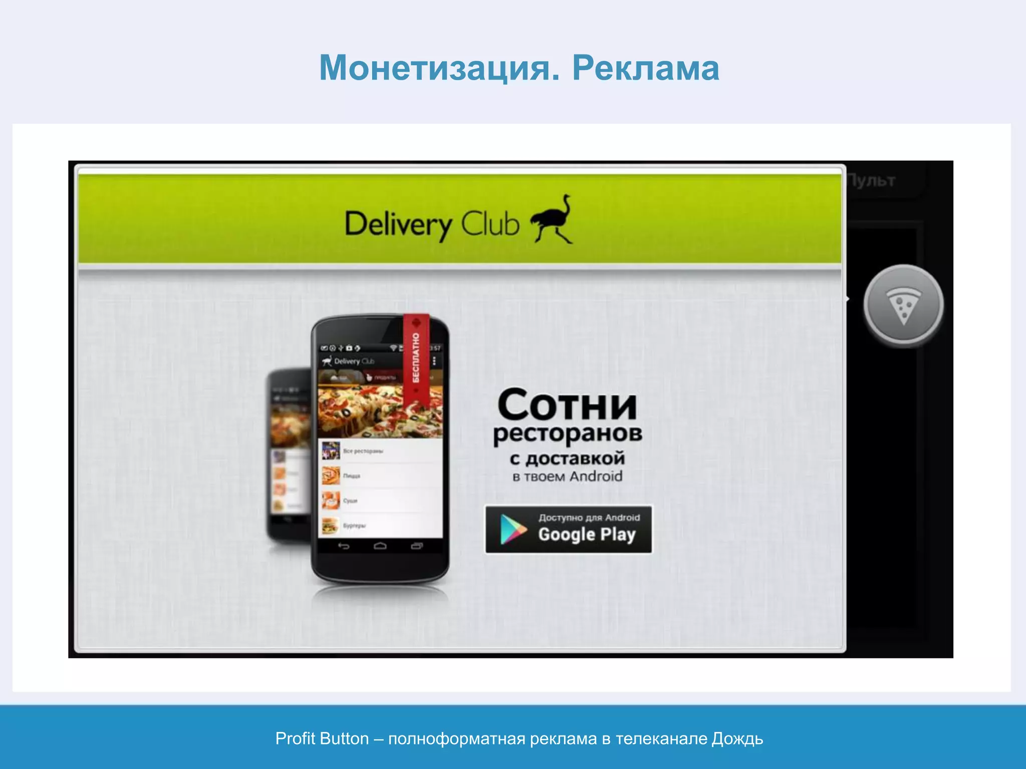 Монетизация. Реклама
Profit Button – полноформатная реклама в телеканале Дождь
 