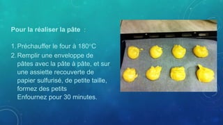 Pour la réaliser la pâte :
1.Préchauffer le four à 180°C
2.Remplir une enveloppe de
pâtes avec la pâte à pâte, et sur
une assiette recouverte de
papier sulfurisé, de petite taille,
formez des petits
Enfournez pour 30 minutes.