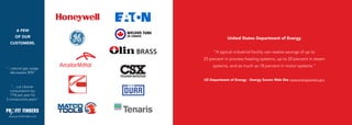 A FEW
      OF OUR                          United States Department of Energy
  CUSTOMERS.

                              “A typical industrial facility can realize savings of up to
                         25 percent in process heating systems, up to 20 percent in steam
                              systems, and as much as 18 percent in motor systems.”
“...natural gas usage
   decreased 30%”

                         US Department of Energy - Energy Savers Web Site www.energysavers.gov

    “…cut cleaner
  consumption by
   17% per year for
2 consecutive years”



 www.profitfinders.net
 