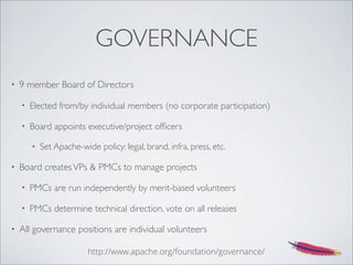 GOVERNANCE
• 9 member Board of Directors
• Elected from/by individual members (no corporate participation)
• Board appoints executive/project ofﬁcers
• Set Apache-wide policy: legal, brand, infra, press, etc.
• Board createsVPs & PMCs to manage projects
• PMCs are run independently by merit-based volunteers
• PMCs determine technical direction, vote on all releases
• All governance positions are individual volunteers
http://www.apache.org/foundation/governance/
 