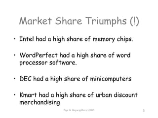 Ziya G. Boyacigiller (c) 2005 3
Market Share Triumphs (!)
• Intel had a high share of memory chips.
• WordPerfect had a high share of word
processor software.
• DEC had a high share of minicomputers
• Kmart had a high share of urban discount
merchandising
 