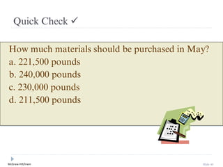 McGraw-Hill/Irwin Slide 40
Quick Check ✓
How much materials should be purchased in May?
a. 221,500 pounds
b. 240,000 pounds
c. 230,000 pounds
d. 211,500 pounds
 