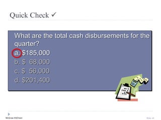 McGraw-Hill/Irwin Slide 48
What are the total cash disbursements for the
quarter?
a. $185,000
b. $ 68,000
c. $ 56,000
d. $201,400
Quick Check ✓
 