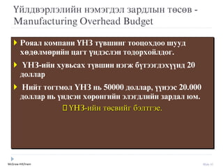 McGraw-Hill/Irwin Slide 57
Үйлдвýрлýлийн нýмýгдýл зардлын төсөв -
Manufacturing Overhead Budget
 Рояал компани ҮНЗ түвшинг тооцохдоо шууд
хөдөлмөрийн цагт үндэслэн тодорхойлдог.
 ¯ÍÇ-èéí õóâüñàõ ò¿âøèí íýãæ á¿òýýãäýõ¿¿íä 20
доллар
 Нийт тогтмол ¯НЗ нь 50000 доллар, ¿¿нээс 20.000
доллар нь ¿ндсэн хºрºнгийн элэгдлийн зардал þм.
ҮНЗ-ийн төсвийг бýлтгýе.
 