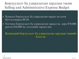 McGraw-Hill/Irwin Slide 66
Борлуулалт ба удирдлагын зардлын төсөв
Selling and Administrative Expense Budget
 Хувьсах борлуулалт ба удирдлагын зардал нь нýгж
бүтýýгдýхүүнд $0.50.
 Тогтмол борлуулалт ба удирдлагын зардал нь сард $70,000.
үүнýýс $10,000 нь ýлýгдлийн зардал юм.
Компаний борлуулалт ба удирдлагын зардлын төсвийг
бýлтгýе.
 
