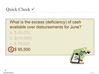 McGraw-Hill/Irwin Slide 80
What is the excess (deficiency) of cash
available over disbursements for June?
a. $ 85,000
b. $(10,000)
c. $ 75,000
d. $ 95,500
Quick Check ✓
 