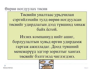 McGraw-Hill/Irwin Slide 9
Өөрөө ногдуулах төсөв
Төсвийн уналтаас урьдчилан
сýргийлýхийн тулд өөрөө ногдуулсан
төсвийг удирдлагын дýýд түвшинд хянаж
байх ёстой.
Ихýнх компаниуд нийт ашиг,
борлуулалтын хувьд өргөн удирдамж
гаргаж ажилладаг. Доод түвшний
менежерүүд ýдгýýр зорилтыг хангах
төсвийг бýлтгýхýд чиглýгдýнý.
 