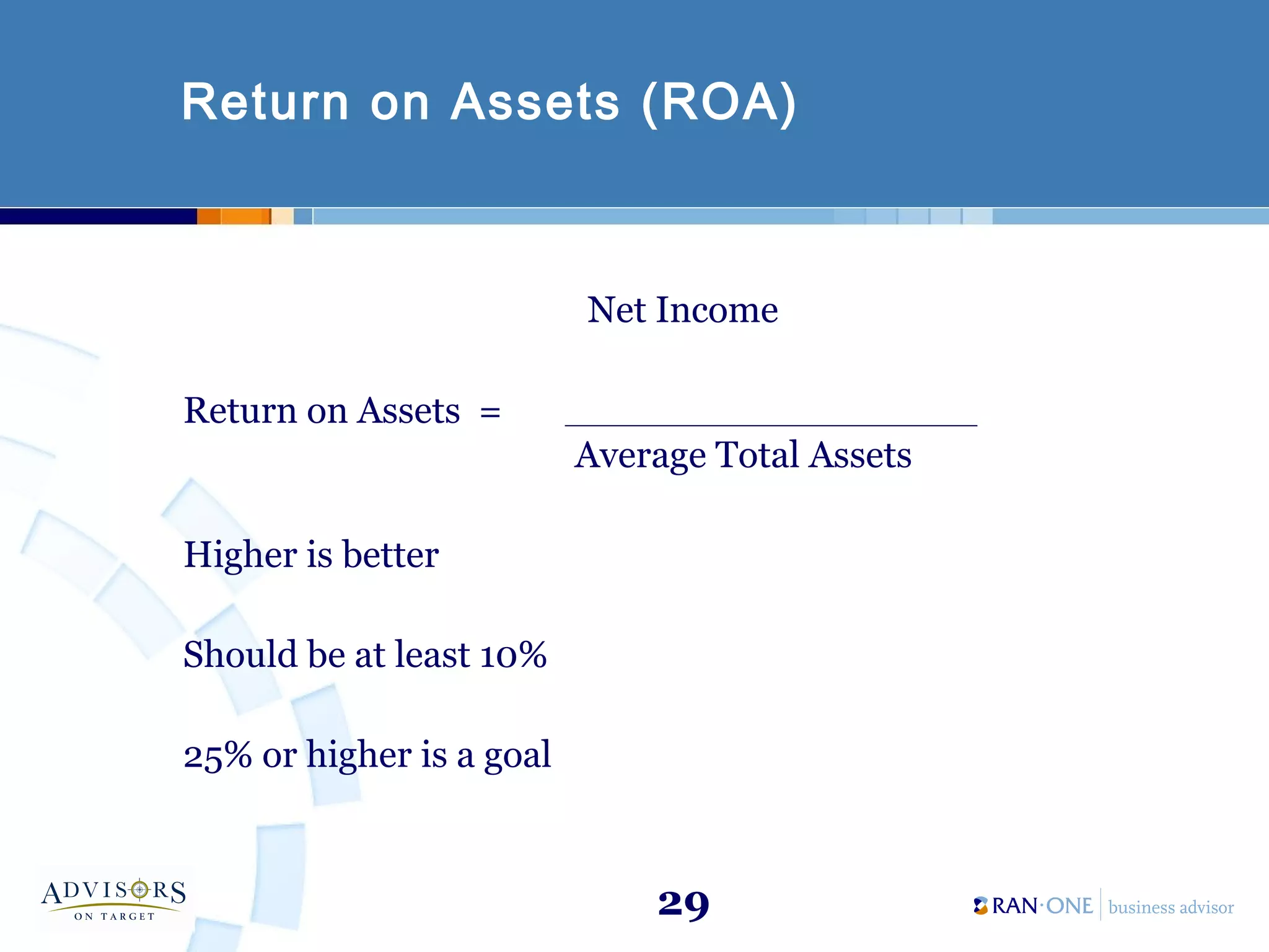 29
Return on Assets (ROA)
Net Income
Return on Assets = __________________________
Average Total Assets
Higher is better
Should be at least 10%
25% or higher is a goal
 