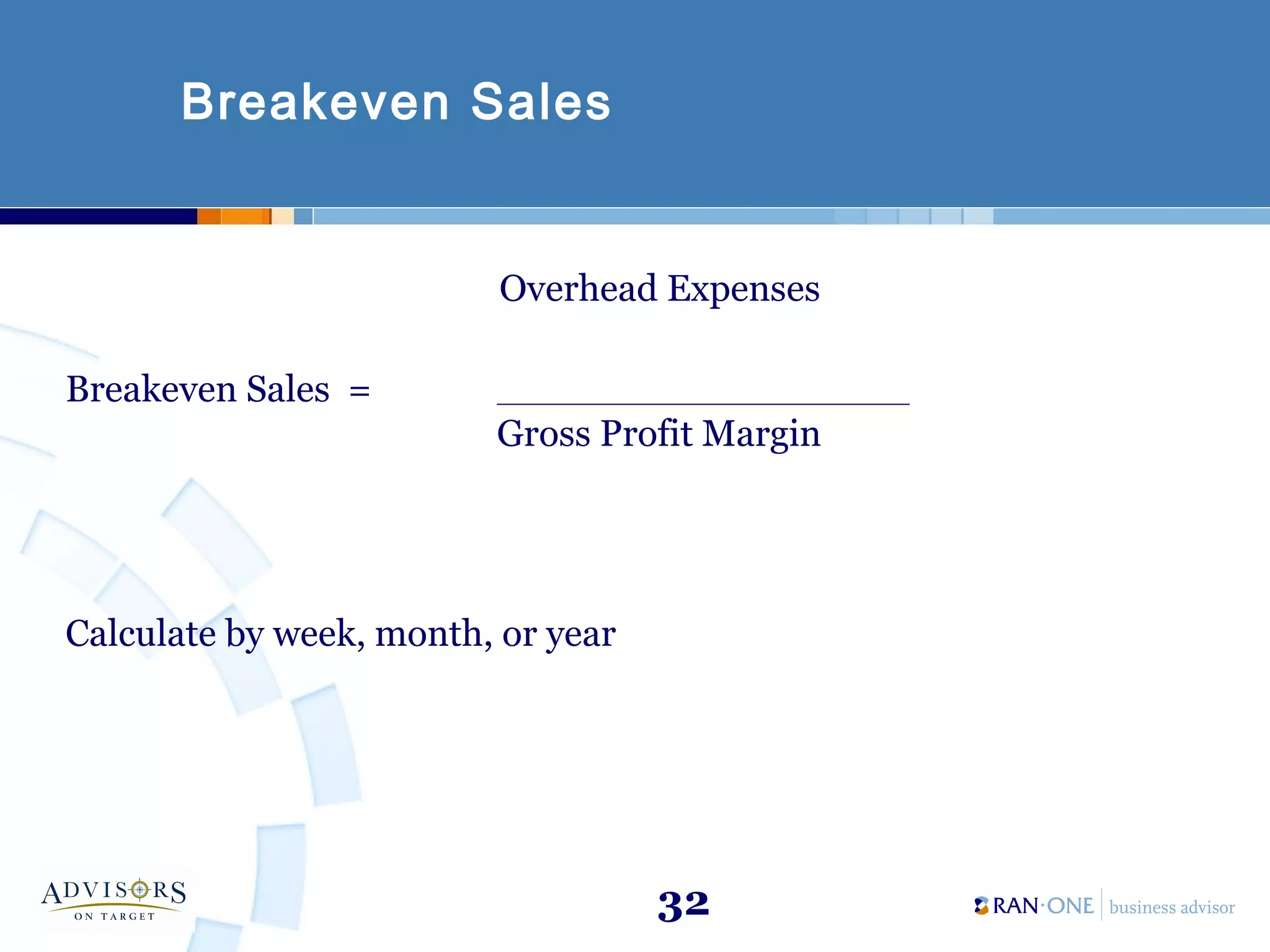 32
Breakeven Sales
Overhead Expenses
Breakeven Sales = __________________________
Gross Profit Margin
Calculate by week, month, or year
 