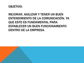OBJETIVO:
MEJORAR, AGILIZAR Y TENER UN BUEN
ENTENDIMIENTO DE LA COMUNICACIÓN, YA
QUE ESTO ES FUNDAMENTAL PARA
ESTABLECER UN BUEN FUNCIONAMIENTO
DENTRO DE LA EMPRESA.
 