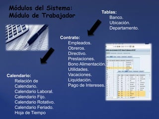 Módulos del Sistema:
Módulo de Trabajador
Tablas:
Banco.
Ubicación.
Departamento.
Contrato:
Empleados.
Obreros.
Directivo.
Prestaciones.
Bono Alimentación.
Utilidades.
Vacaciones.
Liquidación.
Pago de Intereses.
Calendario:
Relación de
Calendario.
Calendario Laboral.
Calendario Fijo.
Calendario Rotativo.
Calendario Feriado.
Hoja de Tiempo
 