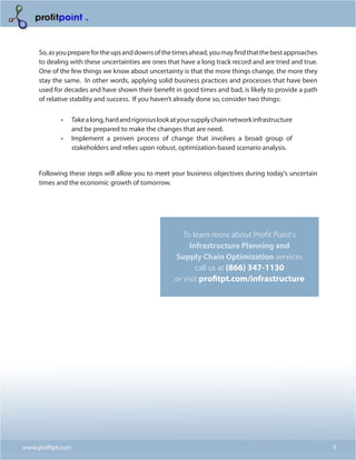 So, as you prepare for the ups and downs of the times ahead, you may find that the best approaches
     to dealing with these uncertainties are ones that have a long track record and are tried and true.
     One of the few things we know about uncertainty is that the more things change, the more they
     stay the same. In other words, applying solid business practices and processes that have been
     used for decades and have shown their benefit in good times and bad, is likely to provide a path
     of relative stability and success. If you haven’t already done so, consider two things:

            •	     Take a long, hard and rigorous look at your supply chain network infrastructure
                   and be prepared to make the changes that are need.
            •	     Implement a proven process of change that involves a broad group of
                   stakeholders and relies upon robust, optimization-based scenario analysis.


     Following these steps will allow you to meet your business objectives during today's uncertain
     times and the economic growth of tomorrow.




                                                          To learn more about Profit Point's
                                                            Infrastructure Planning and
                                                       Supply Chain Optimization services
                                                              call us at (866) 347-1130
                                                       or visit profitpt.com/infrastructure




www.profitpt.com                                                                                          5
 