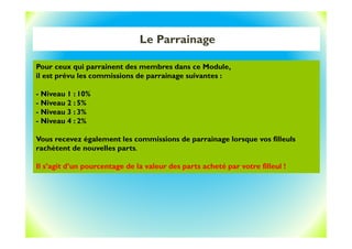 Le Parrainage
Pour ceux qui parrainent des membres dans ce Module,
il est prévu les commissions de parrainage suivantes :
- Niveau 1 : 10%
- Niveau 2 : 5%
- Niveau 3 : 3%
- Niveau 4 : 2%
Vous recevez également les commissions de parrainage lorsque vos filleuls
rachètent de nouvelles parts.
Il s’agit d’un pourcentage de la valeur des parts acheté par votre filleul !
 