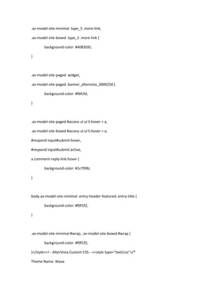 .av-model-site-minimal .type_5 .more-link,
.av-model-site-boxed .type_5 .more-link {
background-color: #40B3DD;
}
.av-model-site-paged .widget,
.av-model-site-paged .banner_altervista_300X250 {
background-color: #f6fcfd;
}
.av-model-site-paged #access ul ul li:hover > a,
.av-model-site-boxed #access ul ul li:hover > a,
#respond input#submit:hover,
#respond input#submit:active,
a.comment-reply-link:hover {
background-color: #1c799b;
}
body.av-model-site-minimal .entry-header-featured .entry-title {
background-color: #f0f1f2;
}
.av-model-site-minimal #wrap, .av-model-site-boxed #wrap {
background-color: #f0f1f2;
}</style><!-- AlterVista Custom CSS --><style type="text/css">/*
Theme Name: Wave
 