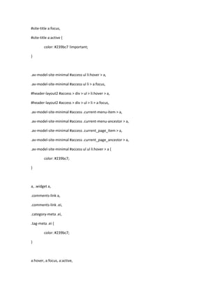 #site-title a:focus,
#site-title a:active {
color: #239bc7 !important;
}
.av-model-site-minimal #access ul li:hover > a,
.av-model-site-minimal #access ul li > a:focus,
#header-layout2 #access > div > ul > li:hover > a,
#header-layout2 #access > div > ul > li > a:focus,
.av-model-site-minimal #access .current-menu-item > a,
.av-model-site-minimal #access .current-menu-ancestor > a,
.av-model-site-minimal #access .current_page_item > a,
.av-model-site-minimal #access .current_page_ancestor > a,
.av-model-site-minimal #access ul ul li:hover > a {
color: #239bc7;
}
a, .widget a,
.comments-link a,
.comments-link .ei,
.category-meta .ei,
.tag-meta .ei {
color: #239bc7;
}
a:hover, a:focus, a:active,
 