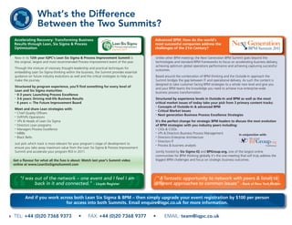 What’s the Difference
                   Between the Two Summits?
    Accelerating Recovery: Transforming Business                                             Advanced BPM: How do the world’s
    Results through Lean, Six Sigma & Process                                                most successful companies address the
    Optimization                                                                             challenges of the 21st Century?

    Now in its 12th year IQPC's Lean Six Sigma & Process Improvement Summit is               Unlike other BPM meetings the Next Generation BPM Summit goes beyond the
    the original, largest and most recommended Process Improvement event of the year.        technologies and standard BPM frameworks to focus on accelerating business delivery,
                                                                                             achieving optimum global operations performance and achieving capturing successful
    Through the mixture of visionary thought-leadership and practical techniques for
                                                                                             outcomes.
    embedding Lean Six Sigma thinking within the business, the Summit provides essential
    guidance on future industry evolutions as well and the critical strategies to help you   Based around the combination of BPM thinking and the Outside-In approach the
    make the journey.                                                                        Summit bridges the gap between IT and operational delivery. As such the content is
                                                                                             designed to take customer facing BPM strategies to a whole new level and give you
    Structured by program experience, you’ll find something for every level of
                                                                                             and your BPM teams the knowledge you need to achieve true enterprise-wide
    Lean and Six Sigma maturities:
    • 0-3 years: Launching Process Excellence
                                                                                             business process transformation.
    • 3-6 years: Driving mid-life Business Results                                           Structured by experience levels in Outside-In and BPM as well as the most
    • 6 years +: The Future Improvement Board                                                critical market issues of today take your pick from 3 primary content tracks:
                                                                                             • Concepts of Outside-In & advanced BPM
    Meet and share Lean strategies with:                                                     • Critical Market Issues
    • Chief Quality Officers
                                                                                             • Next generation Business Process Excellence Strategies
    • SVP/VPs Operations

    • VPs & Heads of Lean Six Sigma                                                          It’s the perfect change for strategic BPM leaders to discuss the next evolution
    • Directors Lean programs                                                                of BPM strategies with you industry peers including:
    • Managers Process Excellence                                                            • CIOs & COOs

    • MBBs                                                                                   • VPs & Directors Business Process Management
                                                                                                                                                    In conjunction with:
    • Black Belts                                                                            • Directors Enterprise Architecture

                                                                                             • Directors IT
    Just pick which track is most relevant for your program’s stage of development to        • Process & business analysts
    ensure you take away maximum value from the Lean Six Sigma & Process Improvement
    Summit and accelerate your program ROI in 2011.                                          Jointly hosted by Six Sigma IQ and BPGroup.org, one of the largest online
                                                                                             communities for BPM thinking globally it’s the one meeting that will truly address the
    Get a flavour for what all the fuss is about: Watch last year’s Summit video             biggest BPM challenges and focus on strategic business outcomes.
    online at www.LeanSixSigmaSummit.com



        "I was out of the network – one event and I feel I am                                 “A fantastic opportunity to network with peers & listen to
               back in it and connected." - Lloyds Register                                  different approaches to common issues” - Bank of New York Mellon

           And if you work across both Lean Six Sigma & BPM – then simply upgrade your event registration by $100 per person
                              for access into both Summits. Email enquire@iqpc.co.uk for more information.


4   TEL: +44 (0)20 7368 9373                    •      FAX: +44 (0)20 7368 9377              •     EMAIL: team@iqpc.co.uk
 