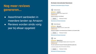 Nog meer reviews
genereren...
● Assortiment aanbieden in
meerdere landen op Amazon
● Reviews worden sinds vorig
jaar bij elkaar opgeteld
 