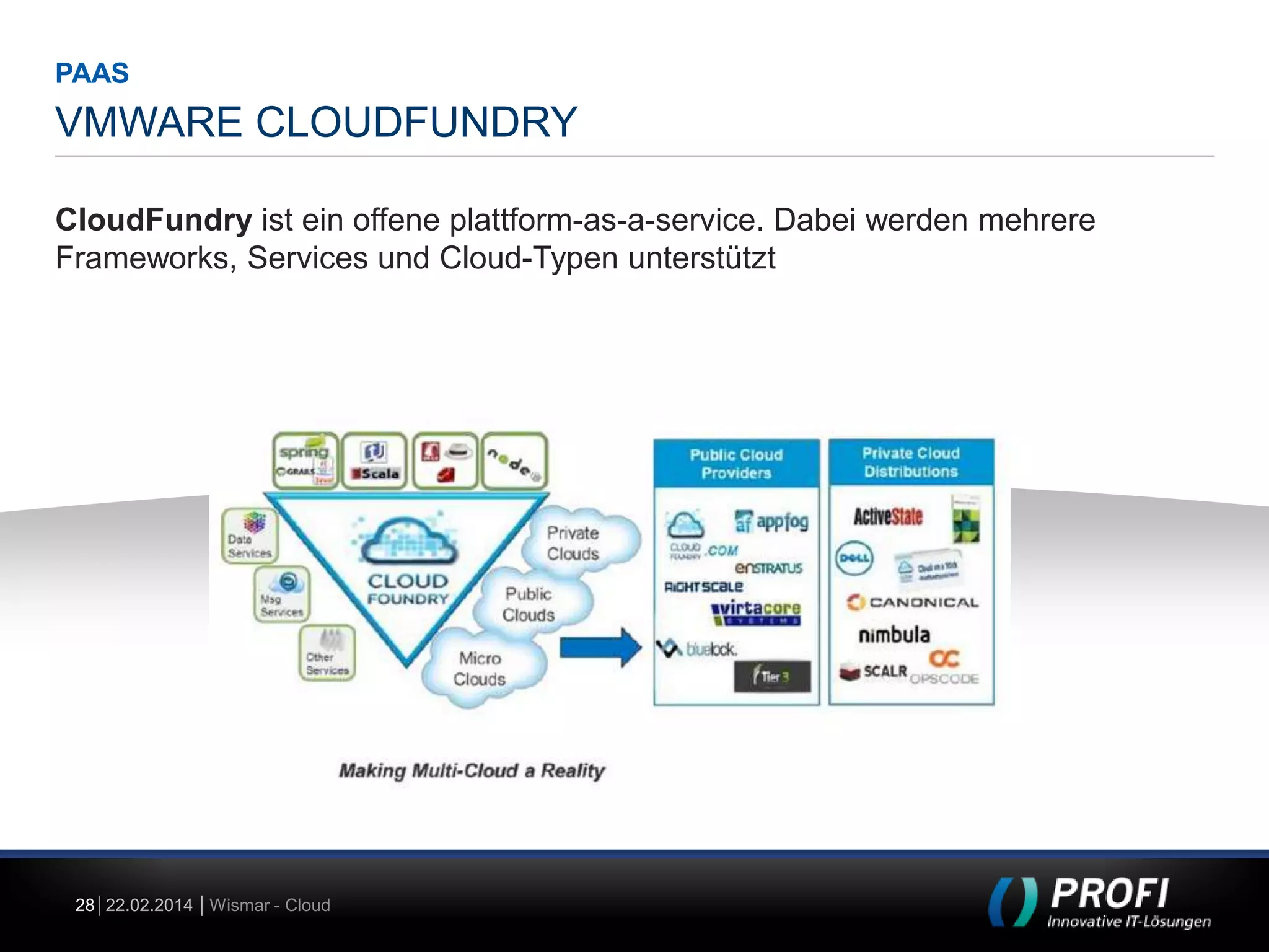 PAAS

VMWARE CLOUDFUNDRY
CloudFundry ist ein offene plattform-as-a-service. Dabei werden mehrere
Frameworks, Services und Cloud-Typen unterstützt

28 22.02.2014 Wismar - Cloud

 