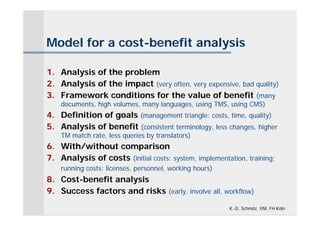 Model for a cost-benefit analysis

1. Analysis of the problem
2. Analysis of the impact (very often, very expensive, bad quality)
3. Framework conditions for the value of benefit (many
    documents, high volumes, many languages, using TMS, using CMS)
4. Definition of goals (management triangle: costs, time, quality)
5. Analysis of benefit (consistent terminology, less changes, higher
    TM match rate, less queries by translators)
6. With/without comparison
7. Analysis of costs (initial costs: system, implementation, training;
    running costs: licenses, personnel, working hours)
8. Cost-benefit analysis
9. Success factors and risks (early, involve all, workflow)
                                                         K.-D. Schmitz, IIM, FH Köln
 