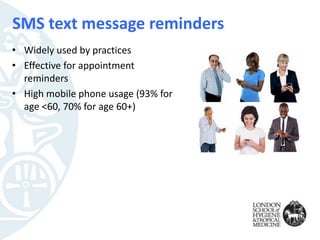 SMS text message reminders
• Widely used by practices
• Effective for appointment
reminders
• High mobile phone usage (93% for
age <60, 70% for age 60+)
 