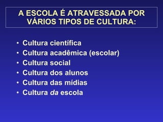 A ESCOLA É ATRAVESSADA POR VÁRIOS TIPOS DE CULTURA: Cultura científica Cultura acadêmica (escolar) Cultura social Cultura dos alunos Cultura das mídias Cultura  da  escola 