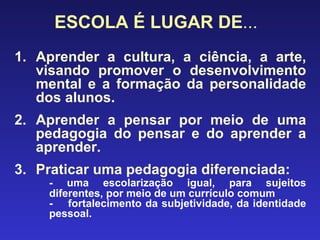 ESCOLA É LUGAR DE ... Aprender a cultura, a ciência, a arte, visando promover o desenvolvimento mental e a formação da personalidade dos alunos. Aprender a pensar por meio de uma pedagogia do pensar e do aprender a aprender. Praticar uma pedagogia diferenciada: - uma escolarização igual, para sujeitos diferentes, por meio de um currículo comum -  fortalecimento da subjetividade, da identidade pessoal. 