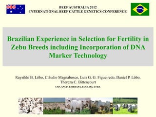 BEEF AUSTRALIA 2012
          INTERNATIONAL BEEF CATTLE GENETICS CONFERENCE




Brazilian Experience in Selection for Fertility in
 Zebu Breeds including Incorporation of DNA
             Marker Technology


  Raysildo B. Lôbo, Cláudio Magnabosco, Luís G. G. Figueiredo, Daniel P. Lôbo,
                             Thereza C. Bittencourt
                          USP, ANCP, EMBRAPA, ECOLOG, UFBA
 