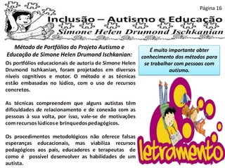 Página 16
Método de Portfólios do Projeto Autismo e
Educação de Simone Helen Drumond Ischkanian:
É muito importante obter
conhecimento dos métodos para
se trabalhar com pessoas com
autismo.
 