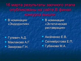 16 марта результаты заочного этапа16 марта результаты заочного этапа
опубликованы на сайте.В финалопубликованы на сайте.В финал
конкурса вышли:конкурса вышли:
 В номинацииВ номинации
«Эндодонтия»«Эндодонтия»
 Гулевич А.Д.Гулевич А.Д.
 Маклакова А.Г.Маклакова А.Г.
 Закирова Г.Н.Закирова Г.Н.
 В номинацииВ номинации
«Эстетическая«Эстетическая
реставрация»реставрация»
 Аксёненко Е.В.Аксёненко Е.В.
 Селивёрстова Е.П.Селивёрстова Е.П.
 Губанова М.А.Губанова М.А.
 