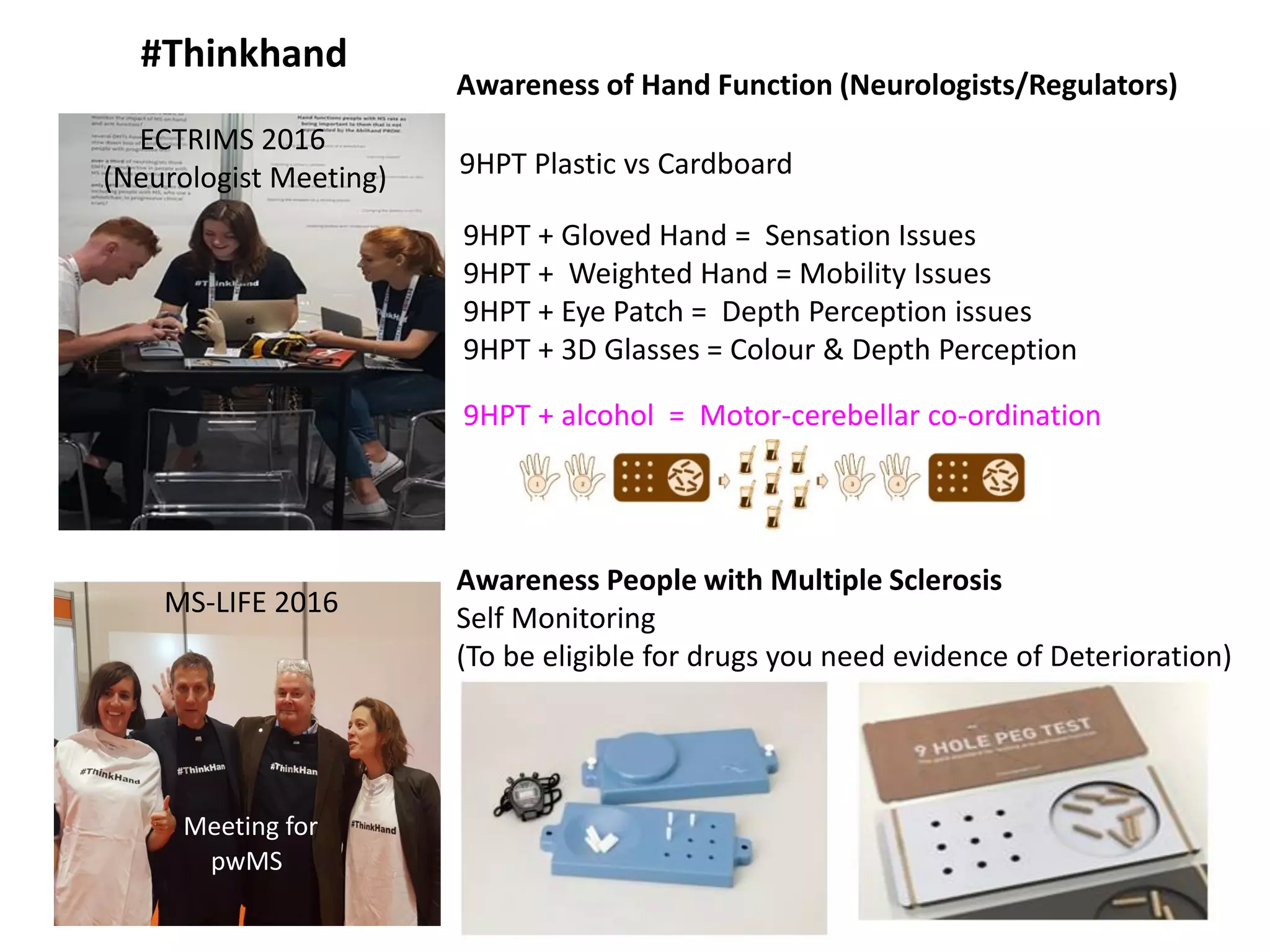 #Thinkhand
Awareness of Hand Function (Neurologists/Regulators)
Awareness People with Multiple Sclerosis
Self Monitoring
(To be eligible for drugs you need evidence of Deterioration)
9HPT + Gloved Hand = Sensation Issues
9HPT + Weighted Hand = Mobility Issues
9HPT + Eye Patch = Depth Perception issues
9HPT + 3D Glasses = Colour & Depth Perception
9HPT + alcohol = Motor-cerebellar co-ordination
ECTRIMS 2016
(Neurologist Meeting)
MS-LIFE 2016
Meeting for
pwMS
9HPT Plastic vs Cardboard
 