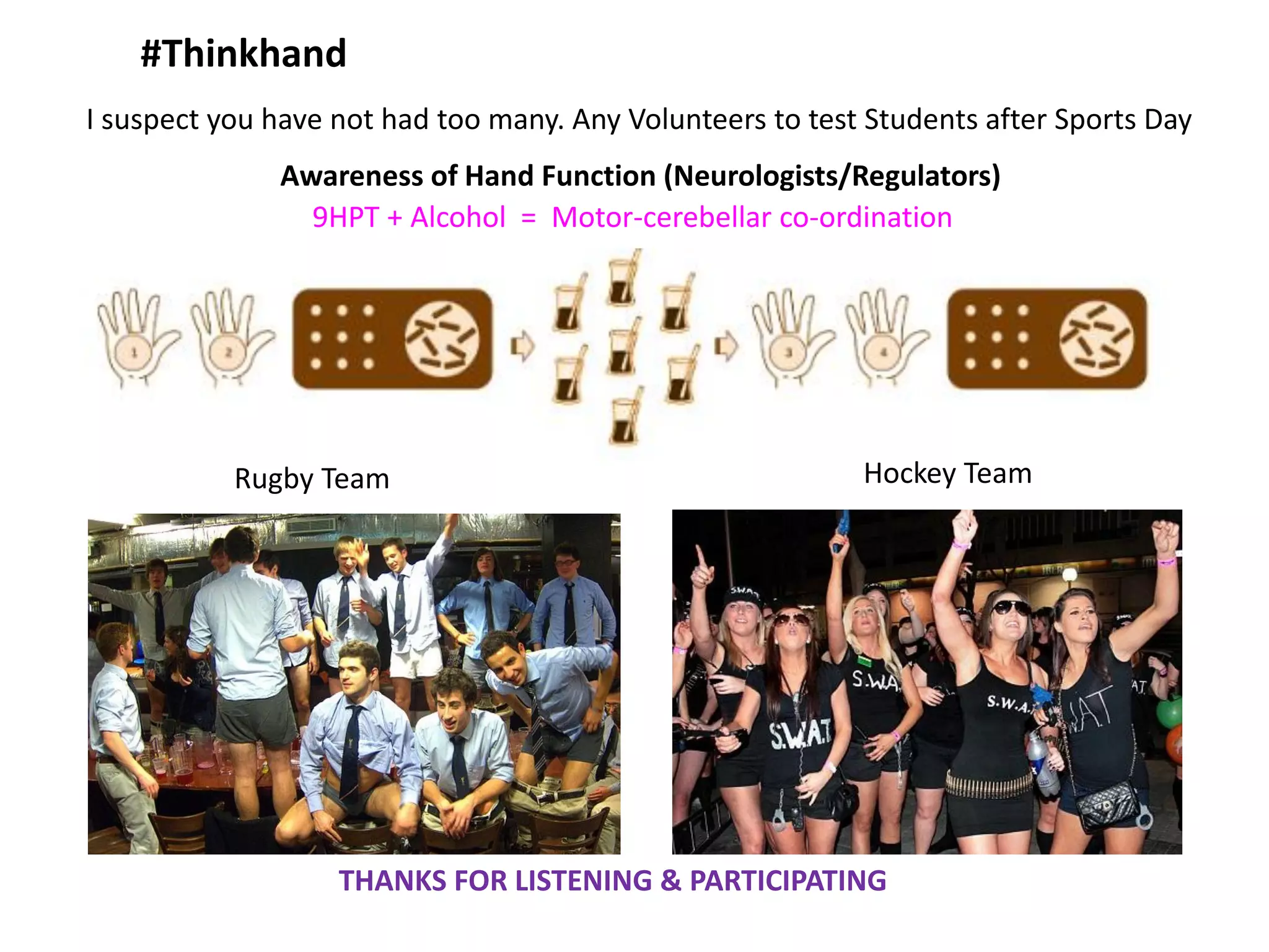 #Thinkhand
Awareness of Hand Function (Neurologists/Regulators)
9HPT + Alcohol = Motor-cerebellar co-ordination
Rugby Team
THANKS FOR LISTENING & PARTICIPATING
I suspect you have not had too many. Any Volunteers to test Students after Sports Day
Hockey Team
 