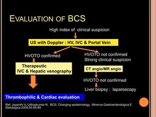 EVALUATION OF BCS
High index of clinical suspicion
US with Doppler : HV, IVC & Portal Vein
HVOTO confirmed HVOTO not confirmed
Strong clinical suspicion
Therapeutic
IVC & Hepatic venography
Thrombophilic & Cardiac evaluation
CT angio/MR angio
HVOTO not confirmed
Liver biopsy : laparoscopy
Ref: Jayanthi V, Udhaykumar N. BCS: Changing epidemiology. Minerva Gastroenterologica E
Dietologica 2009;55:85-89
 
