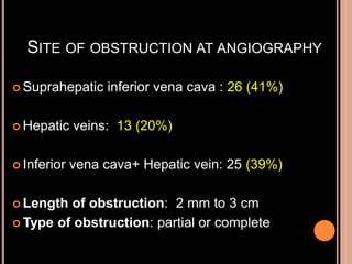 SITE OF OBSTRUCTION AT ANGIOGRAPHY
 Suprahepatic inferior vena cava : 26 (41%)
 Hepatic veins: 13 (20%)
 Inferior vena cava+ Hepatic vein: 25 (39%)
 Length of obstruction: 2 mm to 3 cm
 Type of obstruction: partial or complete
 