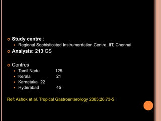  Study centre :
 Regional Sophisticated Instrumentation Centre, IIT, Chennai
 Analysis: 213 GS
 Centres
 Tamil Nadu 125
 Kerala 21
 Karnataka 22
 Hyderabad 45
Ref: Ashok et al. Tropical Gastroenterology 2005;26:73-5
 