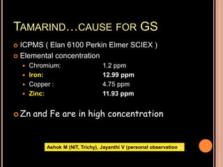 TAMARIND…CAUSE FOR GS
 ICPMS ( Elan 6100 Perkin Elmer SCIEX )
 Elemental concentration
 Chromium: 1.2 ppm
 Iron: 12.99 ppm
 Copper : 4.75 ppm
 Zinc: 11.93 ppm
 Zn and Fe are in high concentration
Ashok M (NIT, Trichy), Jayanthi V (personal observation)
 