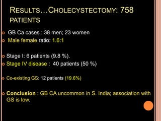 RESULTS…CHOLECYSTECTOMY: 758
PATIENTS
 GB Ca cases : 38 men; 23 women
 Male female ratio: 1.6:1
 Stage I: 6 patients (9.8 %).
 Stage IV disease : 40 patients (50 %)
 Co-existing GS: 12 patients (19.6%)
 Conclusion : GB CA uncommon in S. India; association with
GS is low.
 