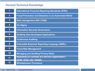 General Technical Knowledge

        1            International Financial Reporting Standards (IFRS)

        2            Fraud Prevention and Detection in an Automated World

        3            Risk management (ISO 31000)

        4            Six Sigma

        5            Information Security Governance

        6            Auditing User-Developed Applications

        7            Continuous Auditing

        8            Extensible Business Reporting Language (XBRL)

        9            Fraud Risk Management
       10            Managing and Auditing Privacy Risks
       11            Reporting on Controls at a Service Organization –
                     SSAE 16/AU 324 / SA402*
       12            Whistleblower Provisions


13   December 2011    © Anil Ashok & Associates.                            T
 