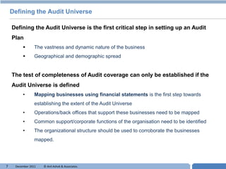 Defining the Audit Universe

    Defining the Audit Universe is the first critical step in setting up an Audit
    Plan
                The vastness and dynamic nature of the business
                Geographical and demographic spread


    The test of completeness of Audit coverage can only be established if the
    Audit Universe is defined
         •       Mapping businesses using financial statements is the first step towards
                 establishing the extent of the Audit Universe
         •       Operations/back offices that support these businesses need to be mapped
         •       Common support/corporate functions of the organisation need to be identified
         •       The organizational structure should be used to corroborate the businesses
                 mapped.




7    December 2011   © Anil Ashok & Associates.                                      T
 