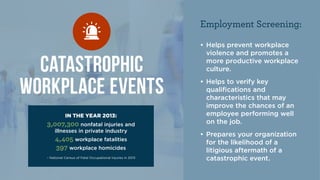 catastrophic
workplace events
Employment Screening:
•	Helps prevent workplace
violence and promotes a
more productive work...