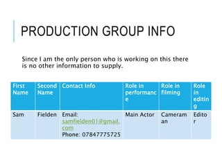 PRODUCTION GROUP INFO
Since I am the only person who is working on this there
is no other information to supply.
First
Name
Second
Name
Contact Info Role in
performanc
e
Role in
filming
Role
in
editin
g
Sam Fielden Email:
samfielden01@gmail.
com
Phone: 07847775725
Main Actor Cameram
an
Edito
r
 