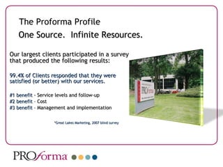 One Source.  Infinite Resources. Our largest clients participated in a survey that produced the following results:  99.4% of Clients responded that they were satisfied (or better) with our services. #1 benefit  - Service levels and follow-up #2 benefit  – Cost #3 benefit  – Management and implementation  *Great Lakes Marketing, 2007 blind survey The Proforma Profile 