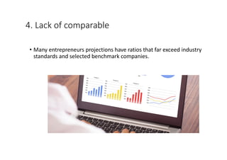 4.	Lack	of	comparable
• Many	entrepreneurs	projections	have	ratios	that	far	exceed	industry	
standards	and	selected	benchmark	companies.	
 