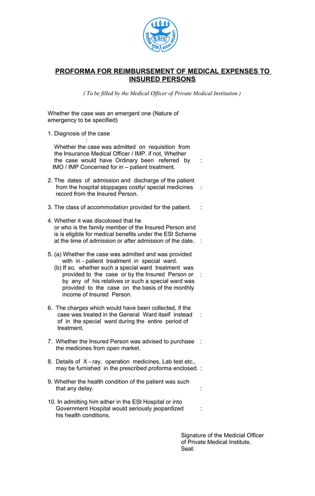 Proforma for reimbursement of medical expenses by esic