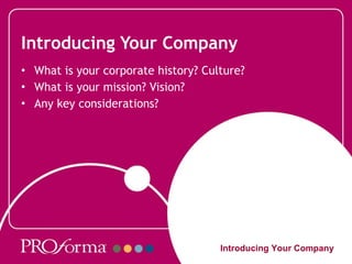 Introducing Your Company What is your corporate history? Culture? What is your mission? Vision? Any key considerations? Introducing Your Company 