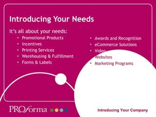 Introducing Your Needs It’s all about your needs: Promotional Products Incentives Printing Services Warehousing & Fulfillment Forms & Labels Introducing Your Company Awards and Recognition eCommerce Solutions Video Websites Marketing Programs 