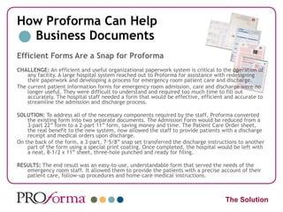 How Proforma Can Help   Business Documents Efficient Forms Are a Snap for Proforma CHALLENGE:  An efficient and useful organizational paperwork system is critical to the operation of any facility. A large hospital system reached out to Proforma for assistance with redesigning their paperwork and developing a process for emergency room patient care and discharge. The current patient information forms for emergency room admission, care and discharge were no longer useful. They were difficult to understand and required too much time to fill out accurately. The hospital staff needed a form that would be effective, efficient and accurate to streamline the admission and discharge process. SOLUTION:  To address all of the necessary components required by the staff, Proforma converted the existing form into two separate documents. The Admission Form would be reduced from a 3-part 22” form to a 2-part 11” form, saving money and time. The Patient Care Order sheet, the real benefit to the new system, now allowed the staff to provide patients with a discharge receipt and medical orders upon discharge. On the back of the form, a 3-part, 7-5/8” snap set transferred the discharge instructions to another part of the form using a special print coating. Once completed, the hospital would be left with a neat, 8-1/2 x 11” sheet, three-hole punched and ready for filing.  RESULTS:  The end result was an easy-to-use, understandable form that served the needs of the emergency room staff. It allowed them to provide the patients with a precise account of their patient care, follow-up procedures and home-care medical instructions.  The Solution 
