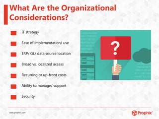www.prophix .com
IT strategy
What Are the Organizational
Considerations?
Ease of implementation/ use
ERP/ GL/ data source location
Broad vs. localized access
Recurring or up-front costs
Ability to manage/ support
Security
 