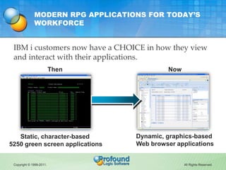 MODERN RPG APPLICATIONS FOR TODAY’S
              WORKFORCE


 IBM i customers now have a CHOICE in how they view
 and interact with their applications.
                          Then              Now




   Static, character-based         Dynamic, graphics-based
5250 green screen applications     Web browser applications


 Copyright © 1999-2011.                           All Rights Reserved.
 